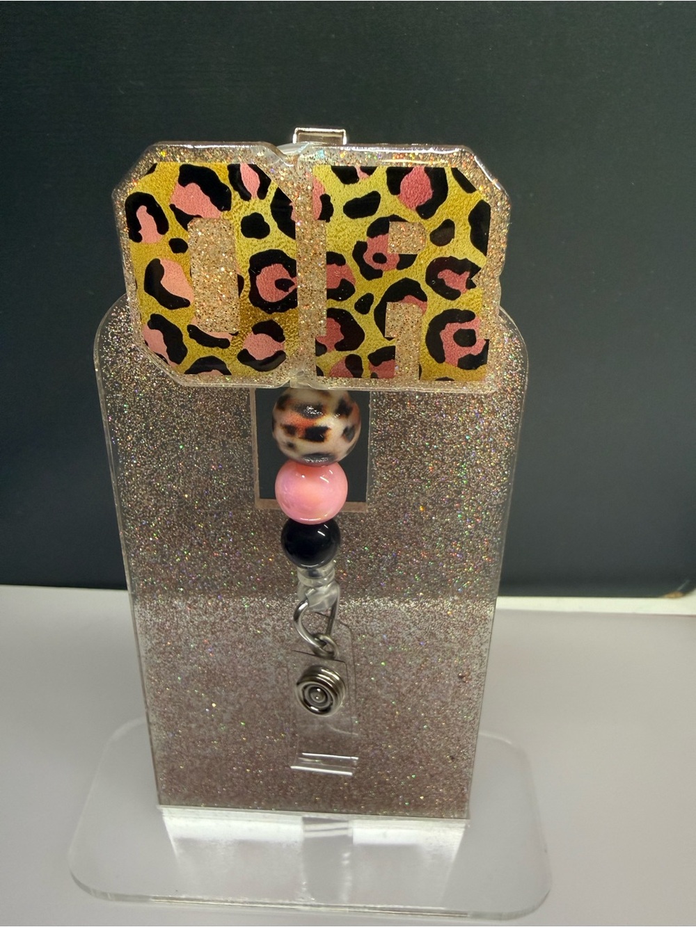 OR Leopard Print Badge Reel with Pink and Black Beads